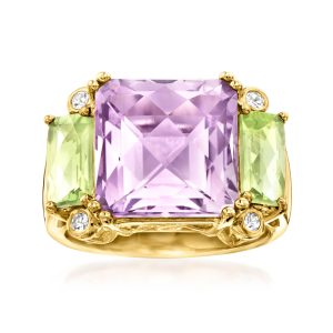6.50 Carat Amethyst and 1.40 ct. t.w. Peridot Ring with White Topaz in 18kt Gold Over Sterling