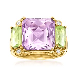 6.50 Carat Amethyst and 1.40 ct. t.w. Peridot Ring with White Topaz in 18kt Gold Over Sterling