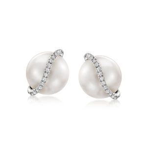 8-8.5mm Cultured Pearl and Diamond Swirl Earrings in Sterling Silver