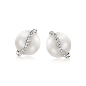 8-8.5mm Cultured Pearl and Diamond Swirl Earrings in Sterling Silver