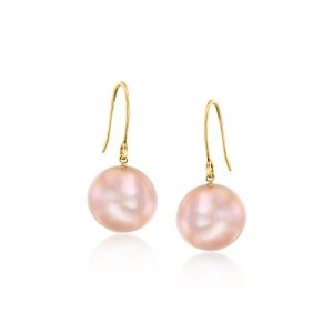 11-12mm Pink Cultured Pearl Drop Earrings in 14kt Yellow Gold
