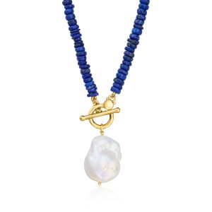 13-15mm Cultured Baroque Pearl and 4.5-5mm Lapis Bead Toggle Necklace in 18kt Gold Over Sterling