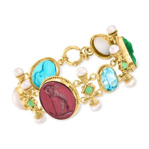 Italian Tagliamonte Multicolored Venetian Glass and 10.00 Carat Sky Blue Topaz Bracelet with Chrysoprase, 14-15mm Mabe Pearls and 6-6.5mm Cultured Pearls in 18kt Gold Over Sterling. 7.5"