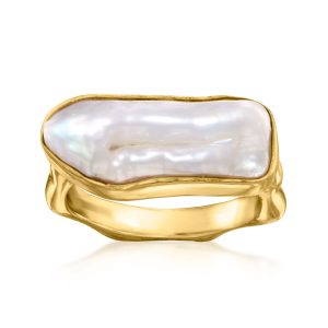 19x7mm Cultured Biwa Pearl Geometric Ring in 18kt Gold Over Sterling