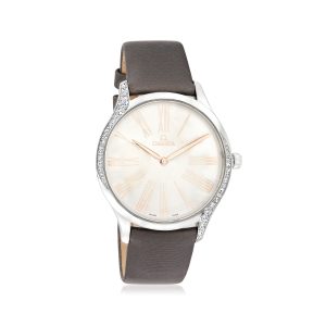 Pre-Owned Omega De Ville Tresor Women's 39mm Stainless Steel Watch with Diamonds and Gray Strap