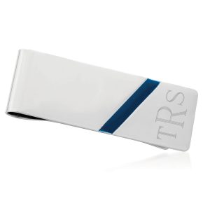 Italian Sterling Silver Personalized Money Clip with Blue Enamel