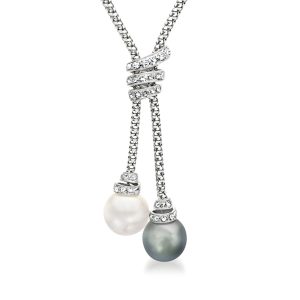12-13mm Cultured South Sea and Black Cultured Tahitian Pearl Lariat Necklace with .30 ct. t.w. Diamonds in 18kt White Gold. 18"
