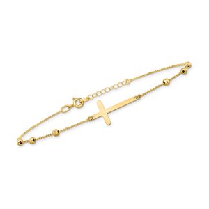 Italian 14kt Yellow Gold Sideways Cross and Bead Station Anklet. 9"